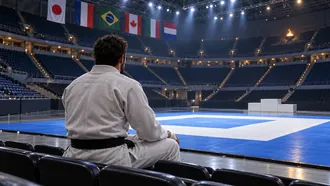 BJJ black belt sitting alone in an empty international arena looking at the competition mat