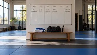 BJJ academy whiteboard with a weekly class timetable above a bench holding a folded gi, blue belt, gym bag and water bottle