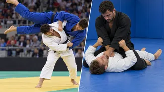Split image of a judo throw in competition beside a BJJ mount and collar choke