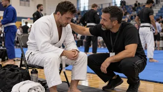 Nervous white belt sitting on a folding chair at a BJJ tournament while his coach crouches beside him with a hand on his shoulder