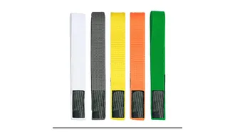 Kids BJJ belts in order: white, grey, yellow, orange and green