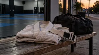 Worn BJJ gi, frayed two-stripe white belt and gym bag left on a bench outside an empty academy at dusk